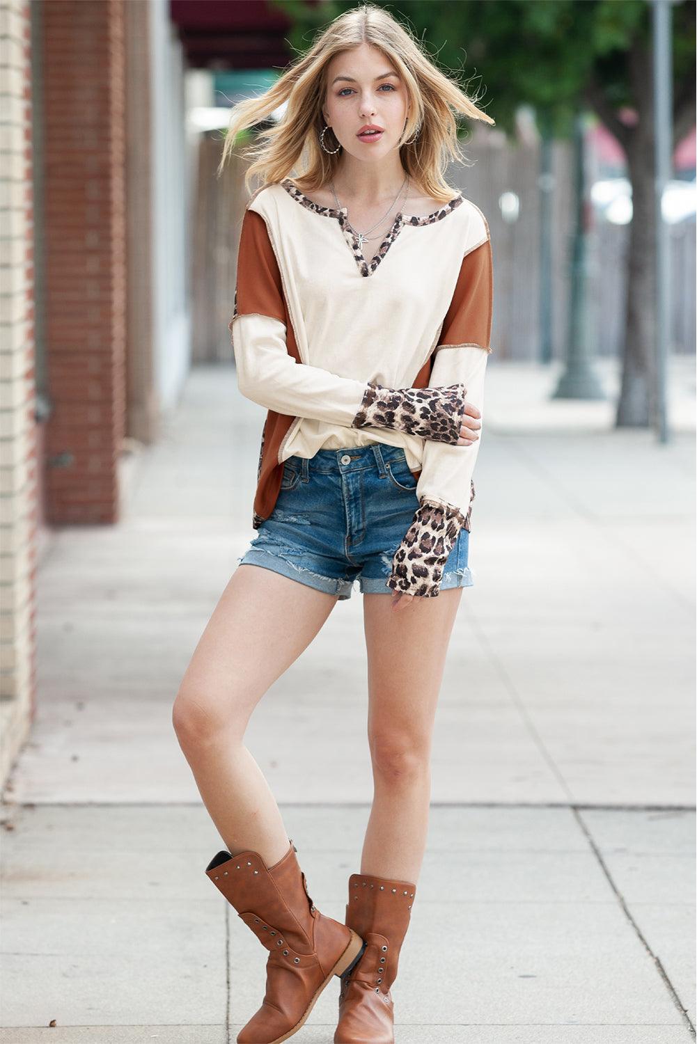 White Leopard Patchwork Notch Neck Thumbhole Long Sleeve Top - The Fair Lady Shop