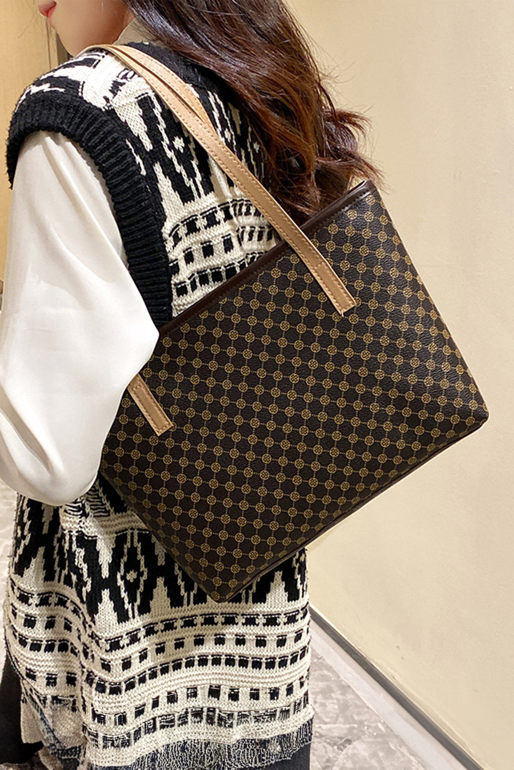 Dark Brown Geometric PU Leather Tote Bag
