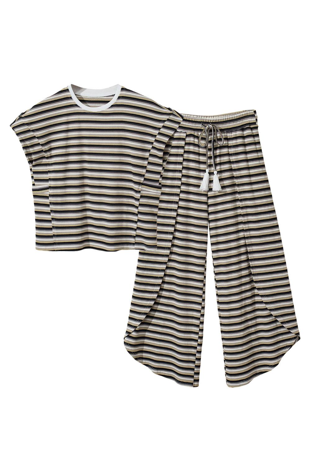 Yellow Stripe Rainbow Tee and Tassel Drawstring Wide Leg Pants Set - The Fair Lady Shop