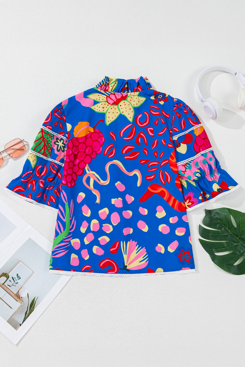 Blue Frill V-neck Abstract Print Blouse - The Fair Lady Shop
