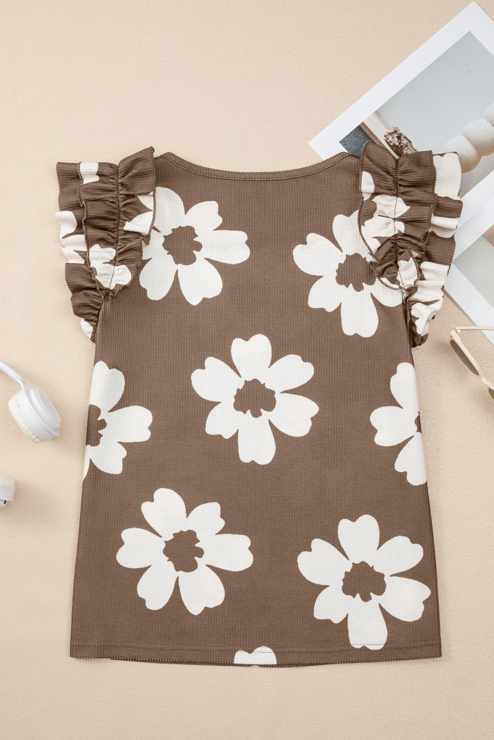 Brown Floral Ruffle Shoulder Square Neck Blouse - The Fair Lady Shop