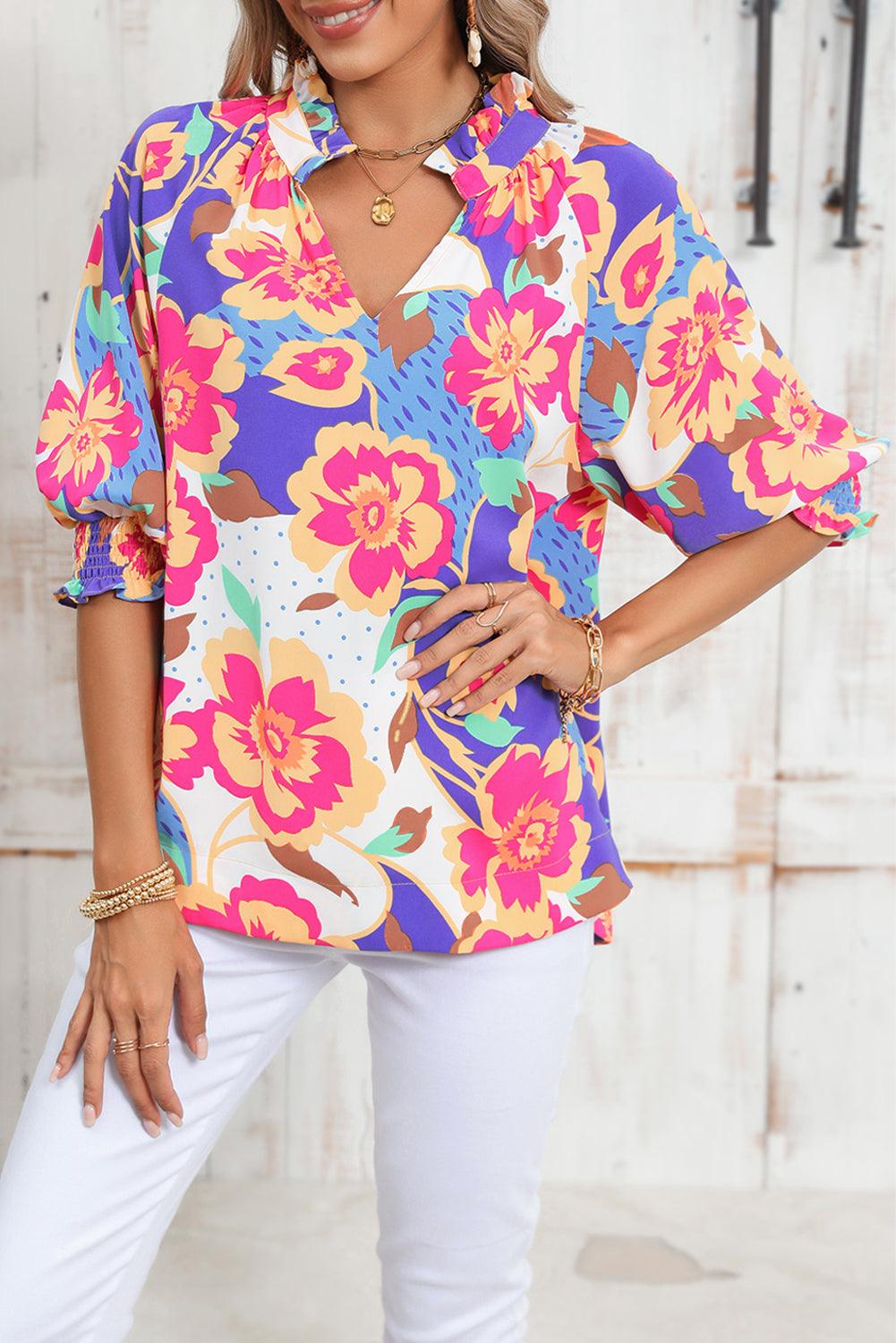 Rose Red Floral Frilled Split Neck Bubble Sleeve Blouse - The Fair Lady Shop