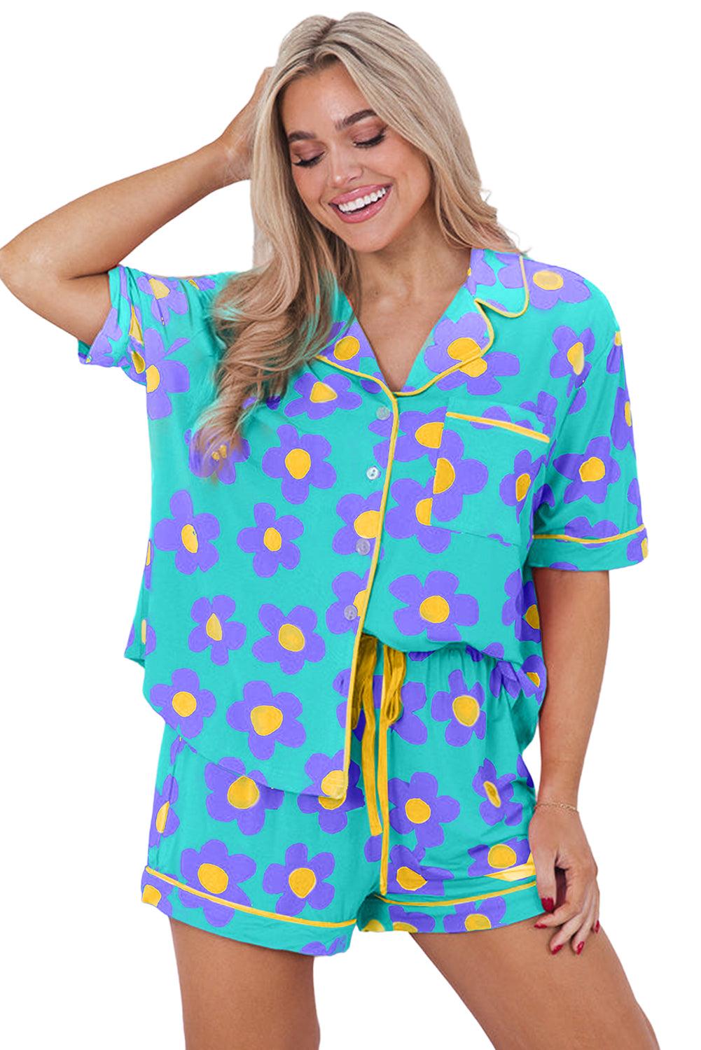 Green Flower Print Buttoned Shirt and Drawstring Waist Pajama Set - The Fair Lady Shop