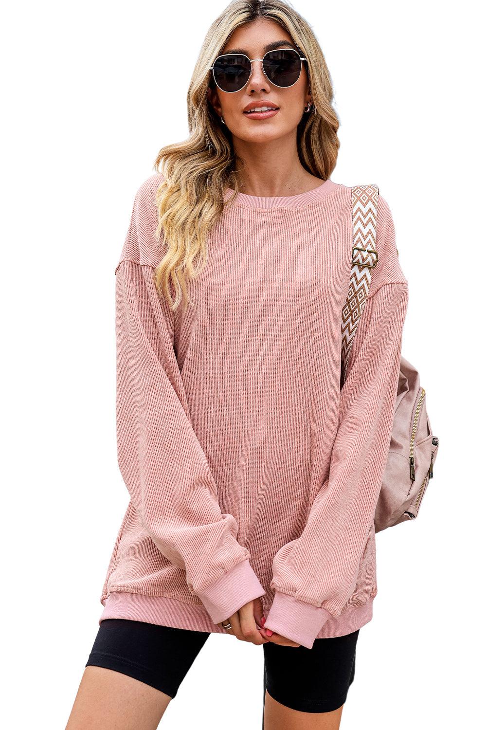 Khaki Solid Ribbed Round Neck Pullover Sweatshirt - The Fair Lady Shop