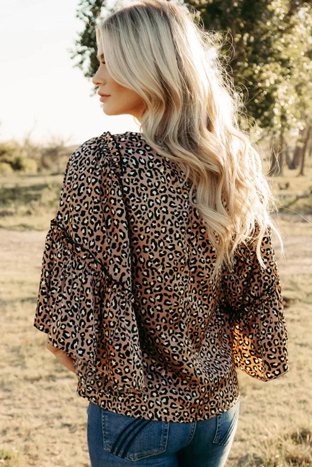 Chestnut Leopard Ruffle Flounce Sleeve Blouse - The Fair Lady Shop