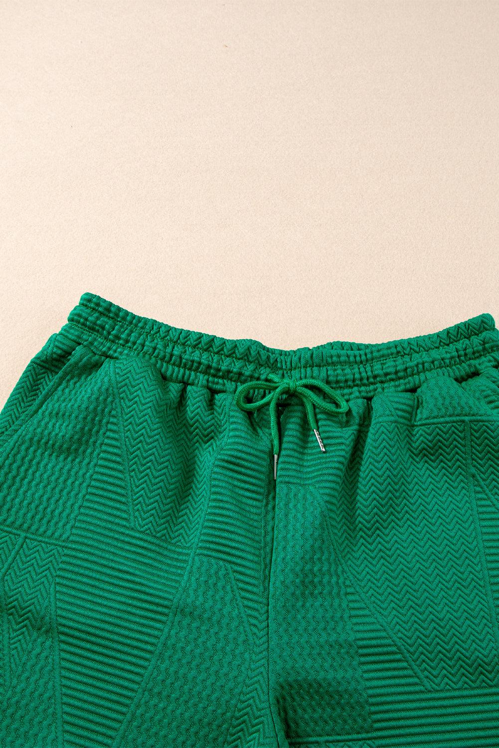Dark Green Textured Ruffle Split Top and Drawstring Shorts Set - The Fair Lady Shop