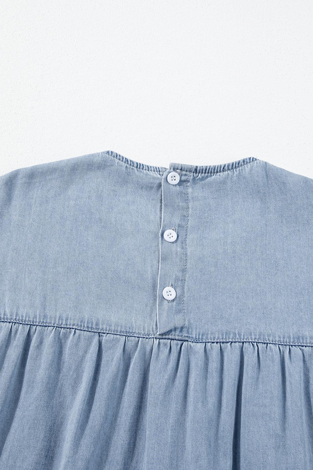 Beau Blue Ruffle Short Sleeve Tiered A-line Denim Dress - The Fair Lady Shop