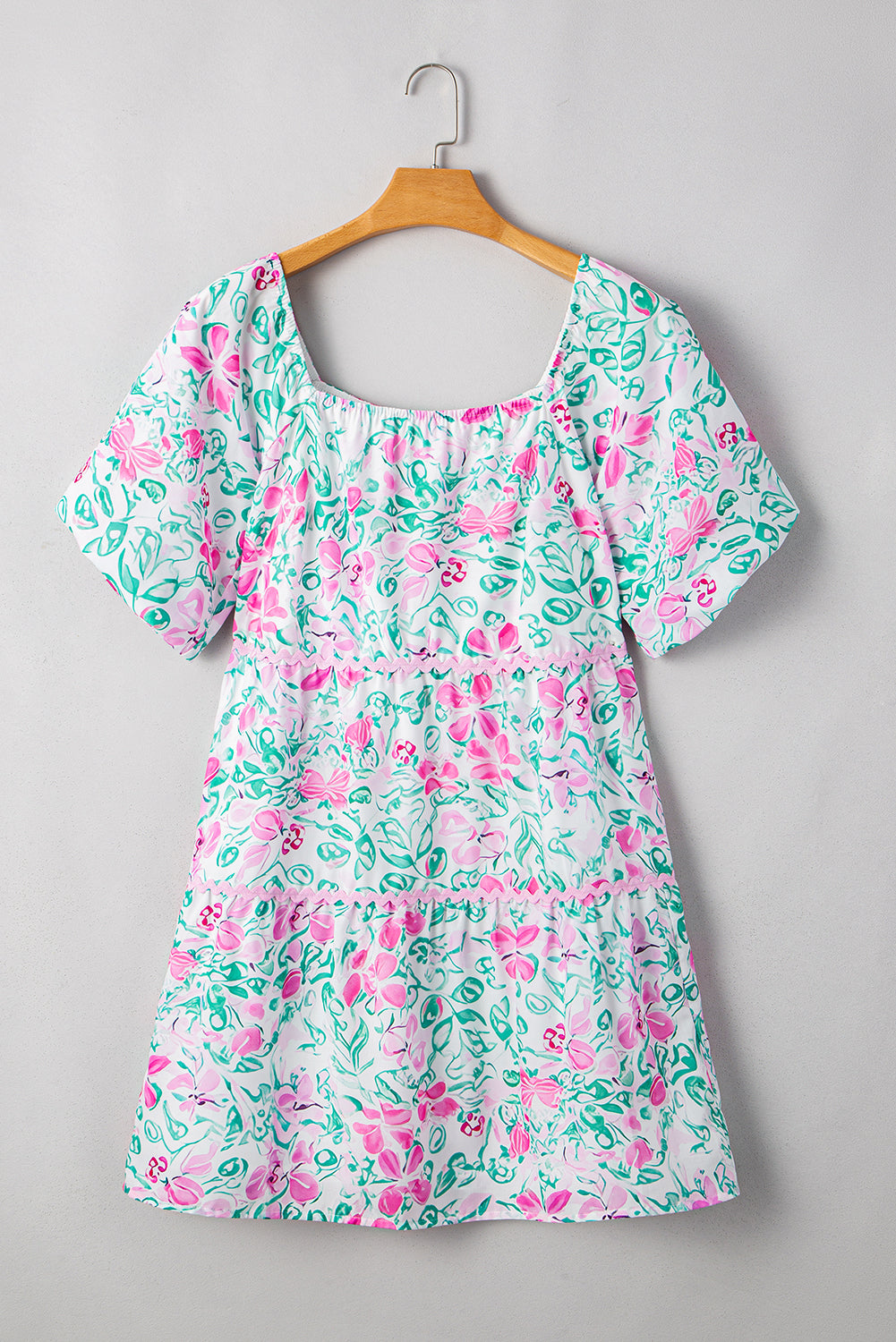 White Floral Print Ric-rac Trim Square Neck Plus Size Mini Dress - The Fair Lady Shop