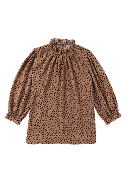 Brown Leopard Print Frill Neck 3/4 Sleeves Blouse - The Fair Lady Shop