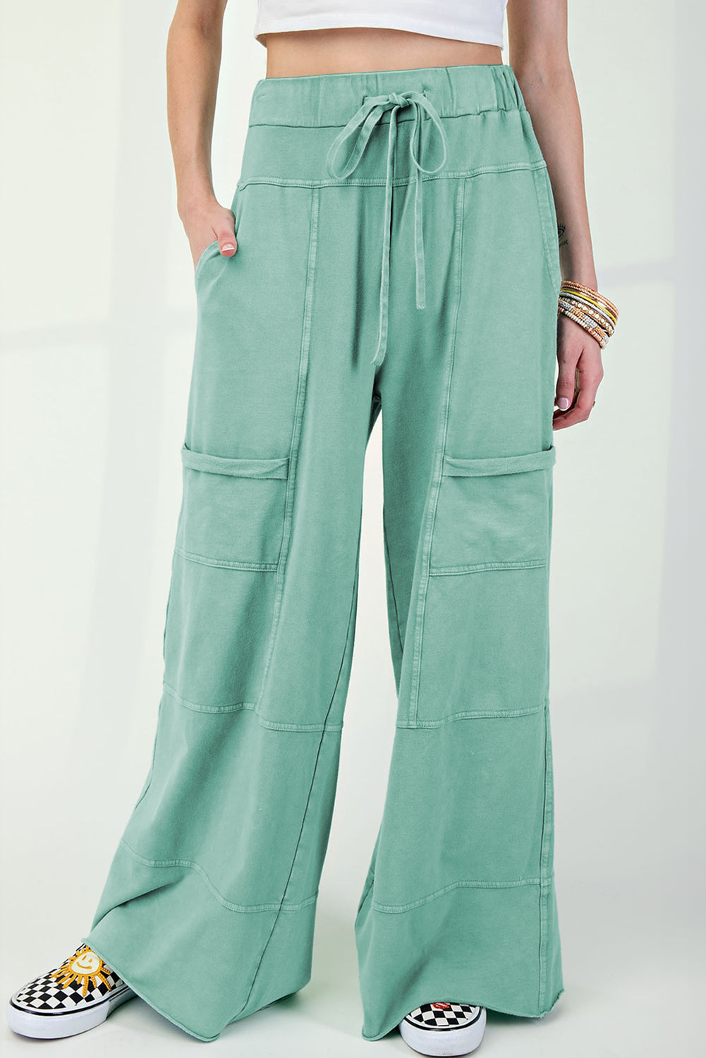 Mint Green Mineral Wash Exposed Seam Wide Leg Cargo Pants - The Fair Lady Shop