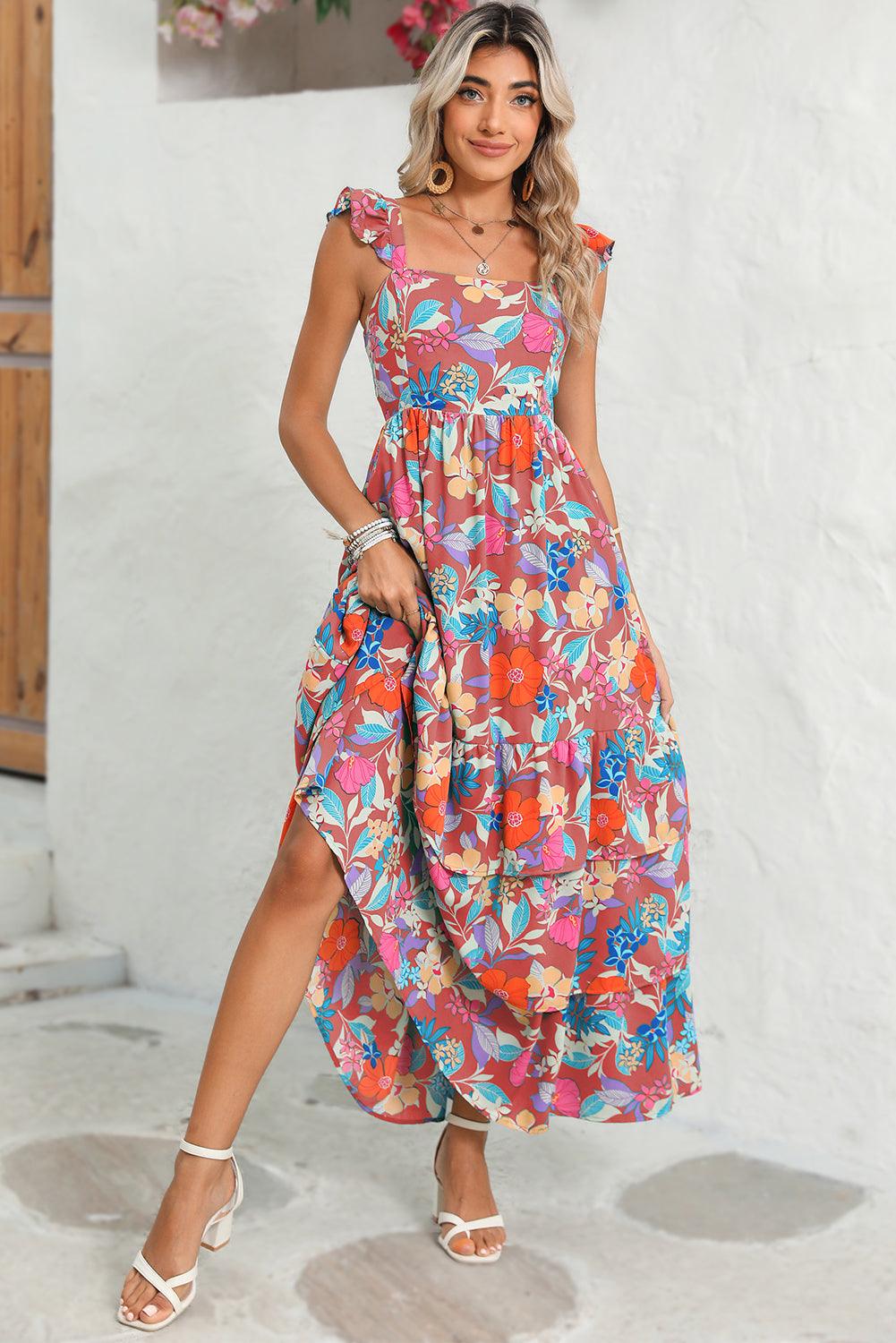 Pink Floral Print Sleeveless Ruffle Tiered Maxi Dress - The Fair Lady Shop