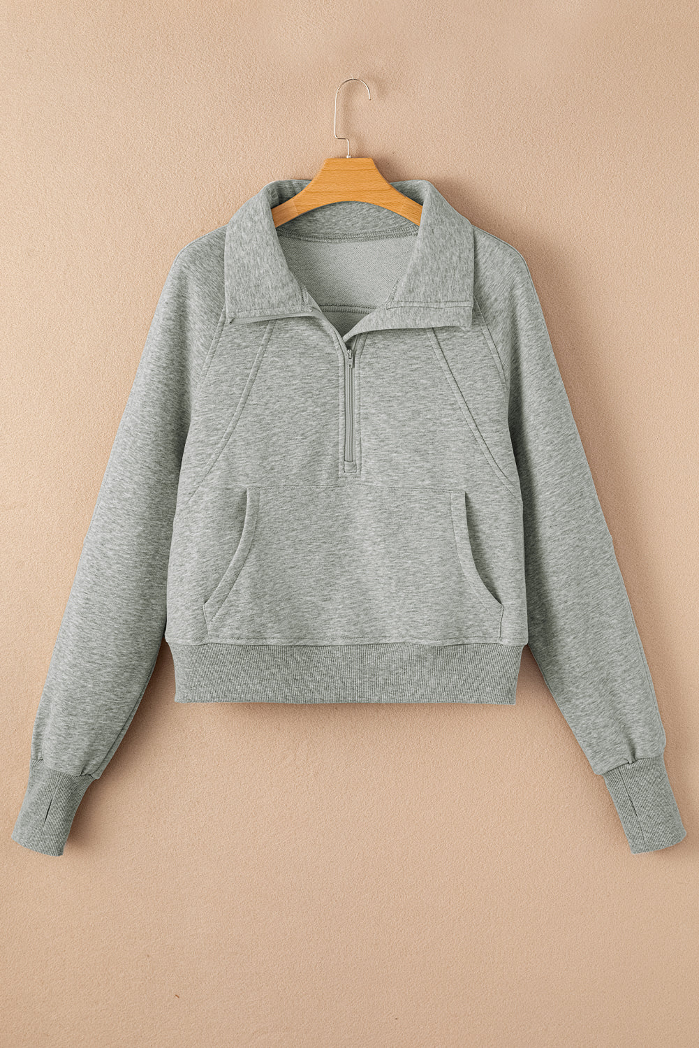 Gray Zip Up Stand Collar Ribbed Thumbhole Sleeve Sweatshirt - The Fair Lady Shop