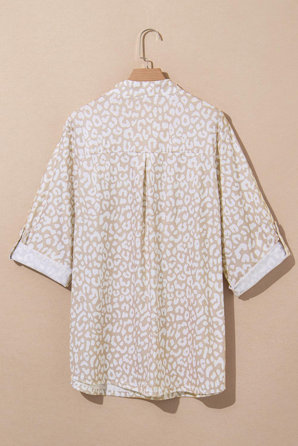 Apricot Leopard Tab Sleeve V Neck Plus Size Top - The Fair Lady Shop
