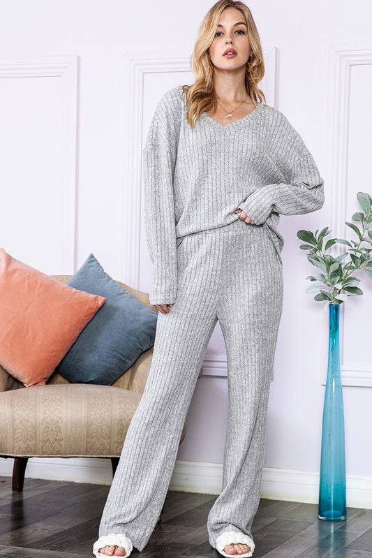 Light Grey Slouchy Ribbed Knit V Neck Top & Pants Loungewear Set - The Fair Lady Shop