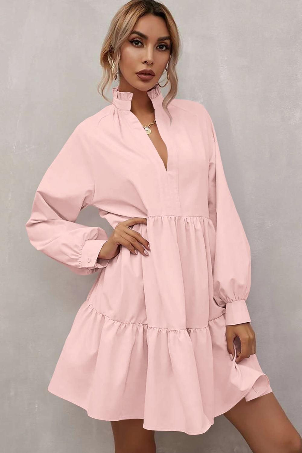 Pink Casual Stand V Neck Short Frill Dress - The Fair Lady Shop