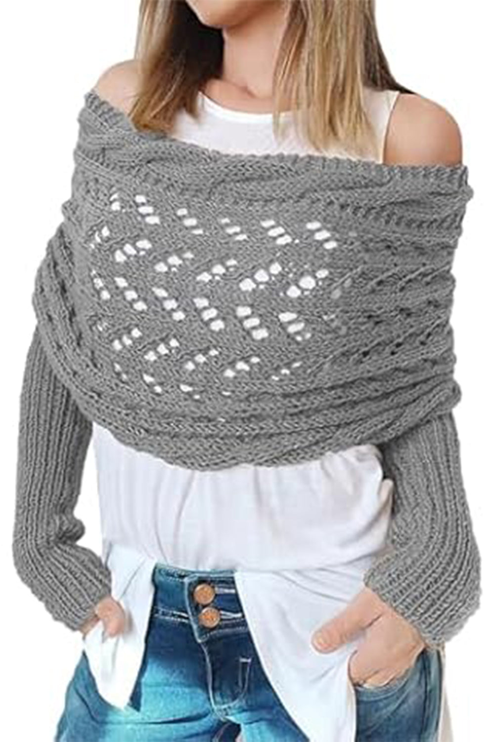 Gray Cross Detail Hollowed Knit Scarf with Sleeves - The Fair Lady Shop