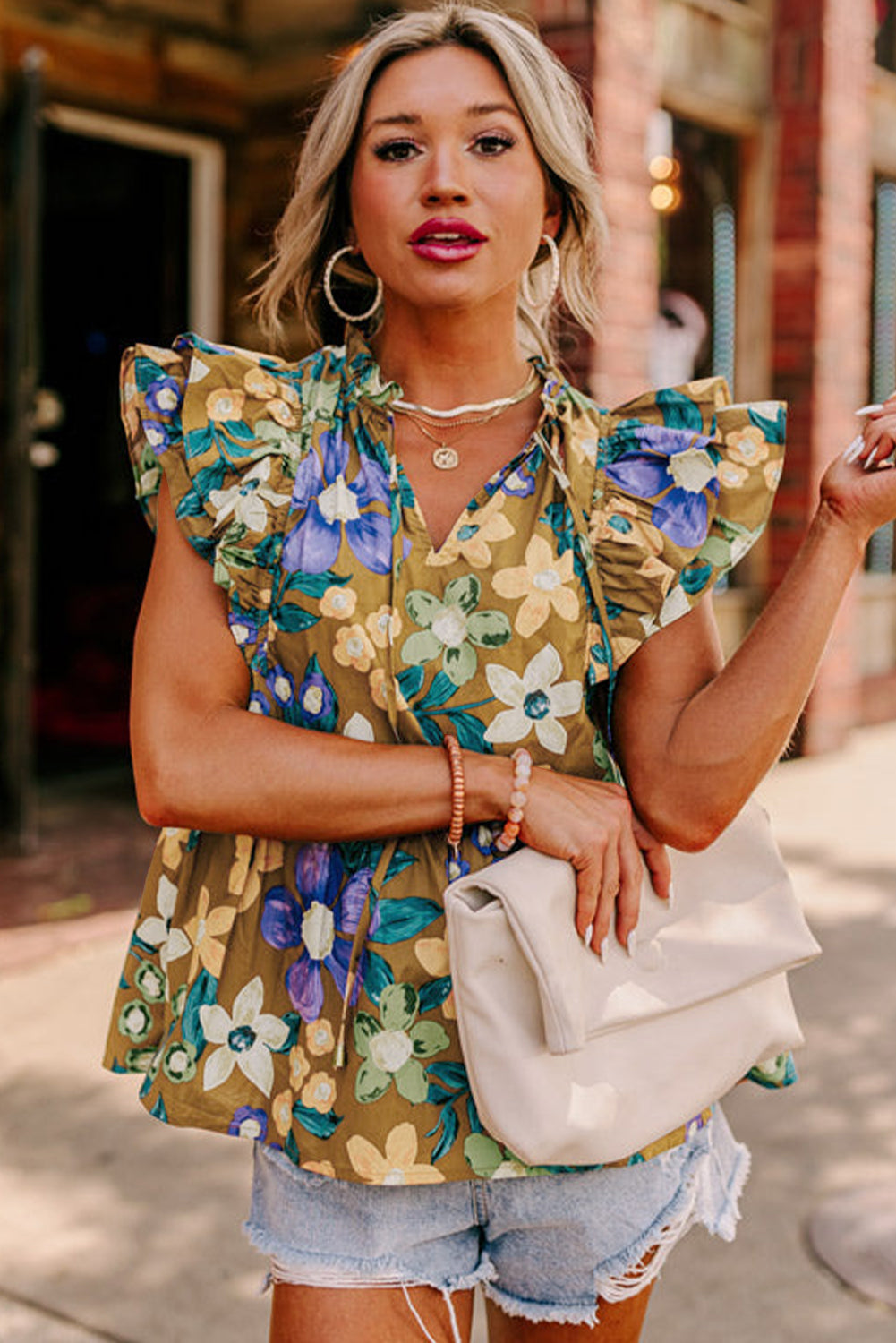 Yellow Floral Print Tie V Neck Ruffle Top - The Fair Lady Shop