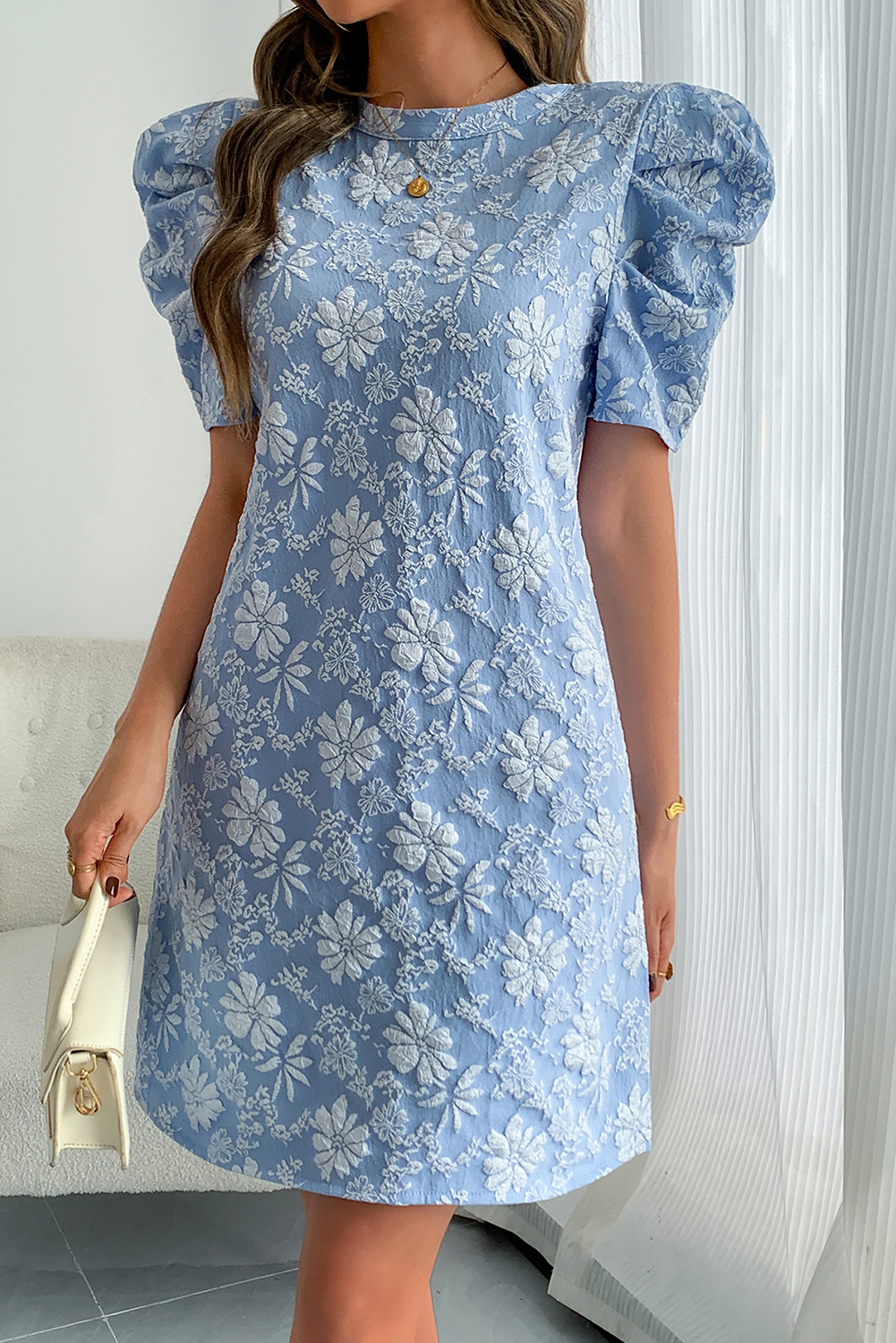 Sky Blue Floal Jacquard Elegant Mini Dress - The Fair Lady Shop