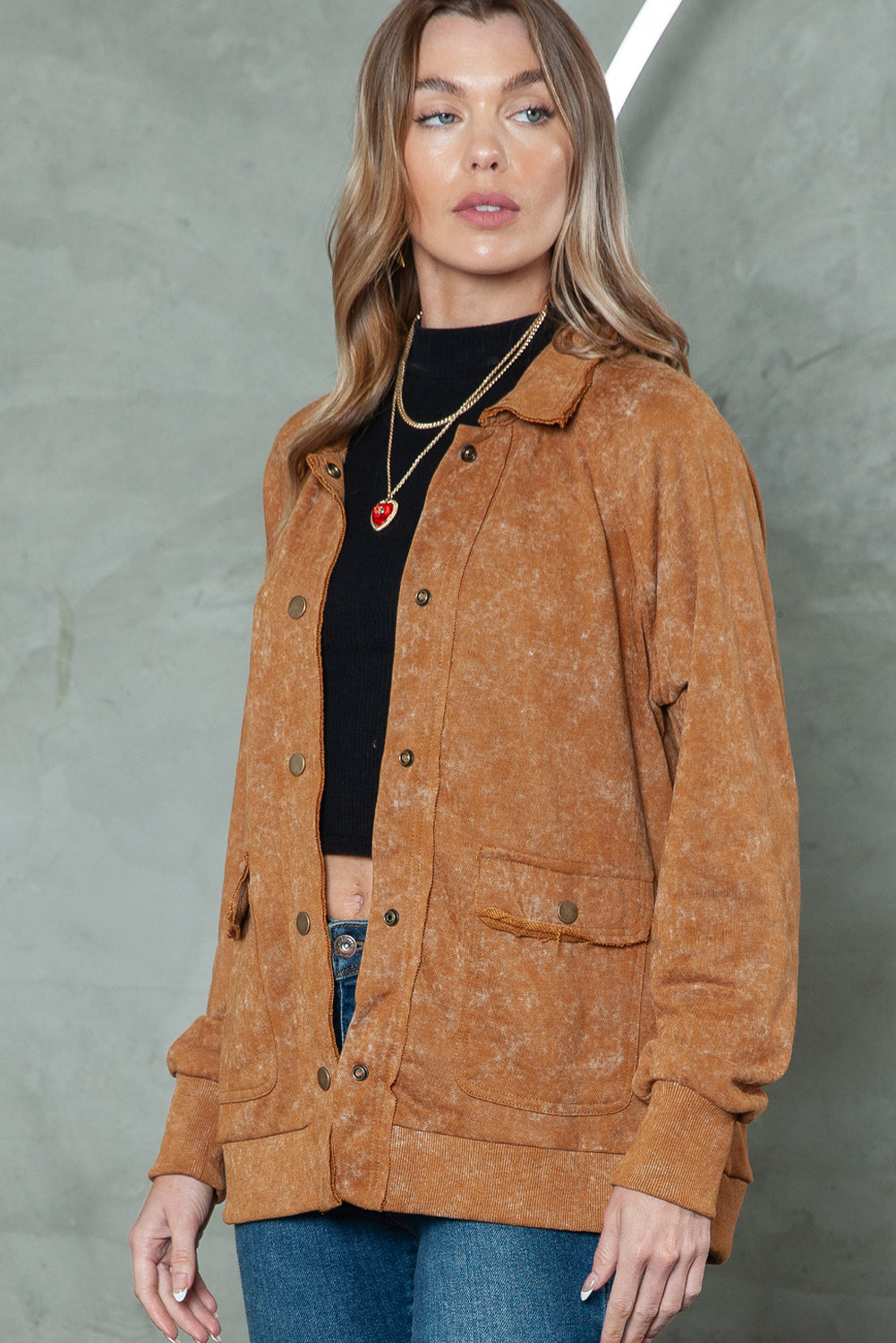 Khaki Snap Button Casual Jacket with Flap Pockets - The Fair Lady Shop