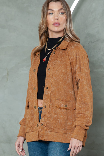 Khaki Snap Button Casual Jacket with Flap Pockets - The Fair Lady Shop