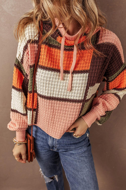 Orange Color Block Waffle Knit Drawstring Mock Neck Sweater - The Fair Lady Shop