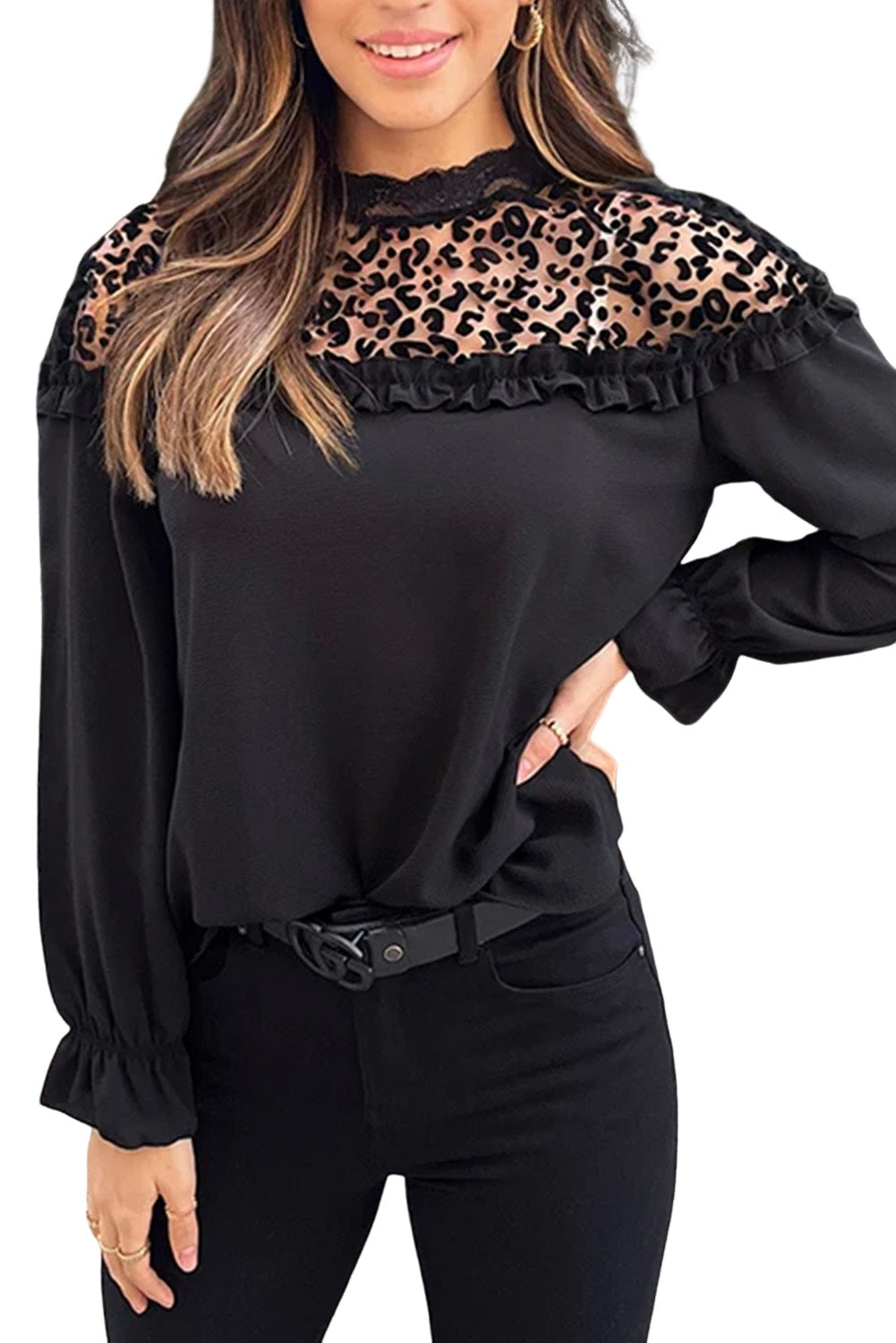 Black Leopard Sheer Splicing Lace Neck Ruffle Blouse - The Fair Lady Shop