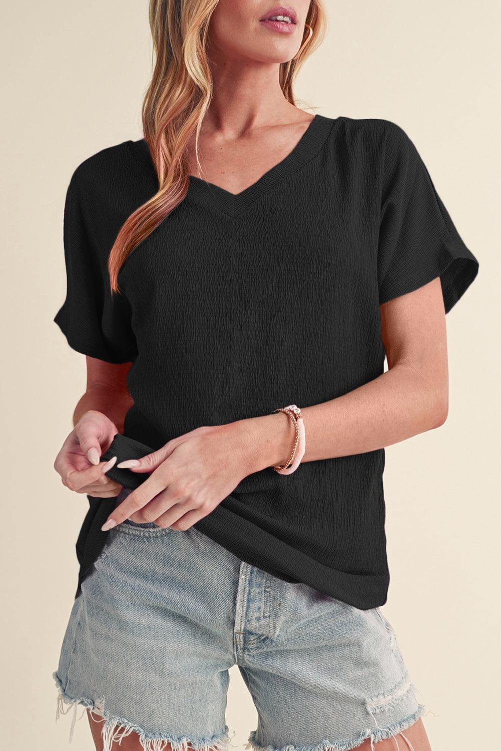 Blue Plain Crinkled V Neck Flounce Sleeve T Shirt - The Fair Lady Shop