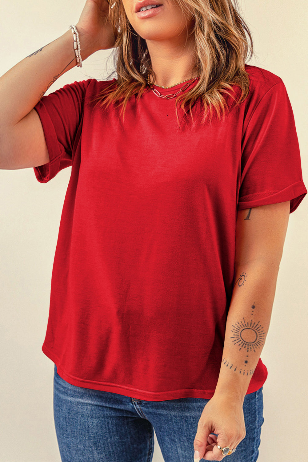 Red Solid Color Basic Crew Neck Plain Tee - The Fair Lady Shop