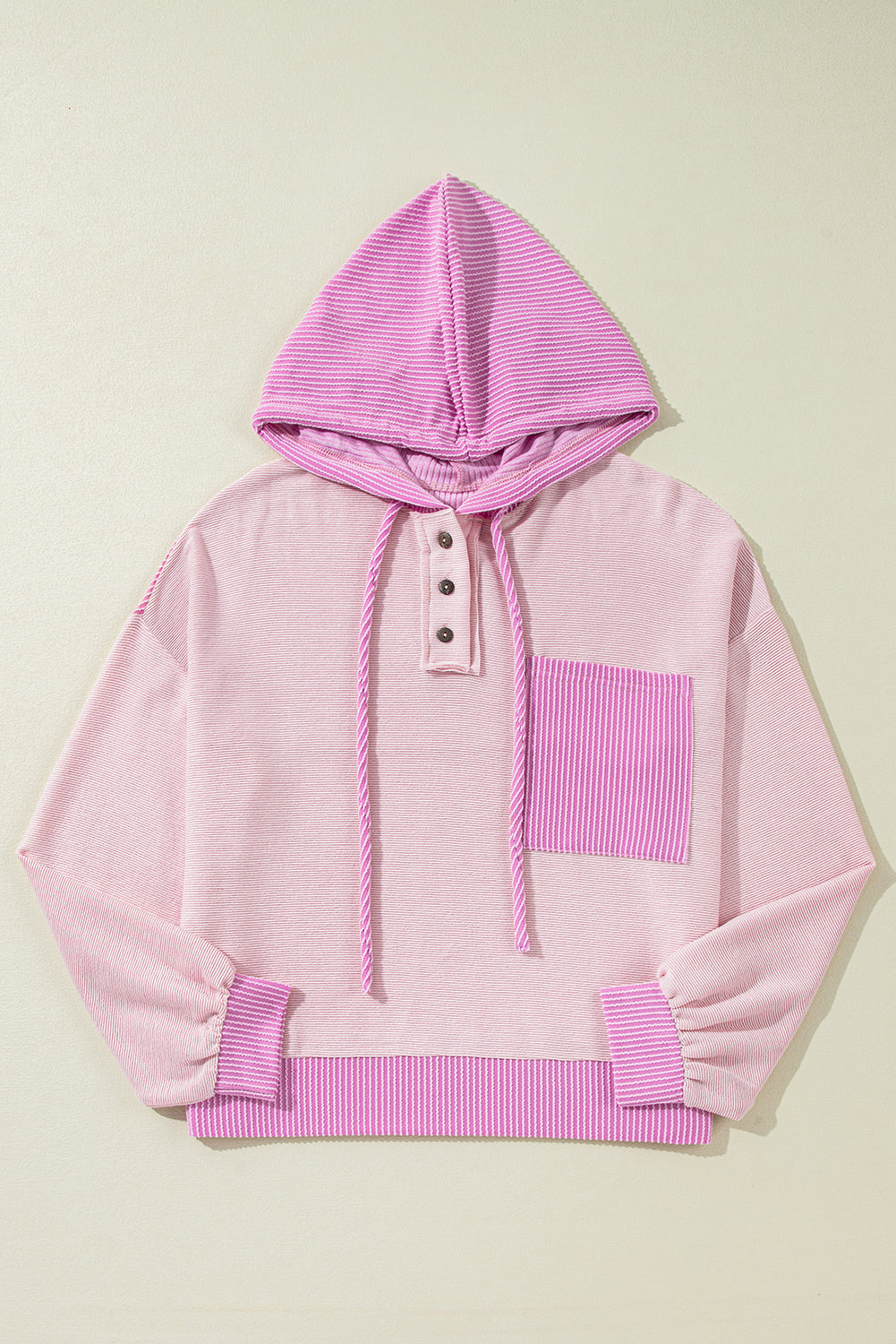 Light Pink Corded Patch Pocket Drawstring Henley Long Sleeve Tops - The Fair Lady Shop