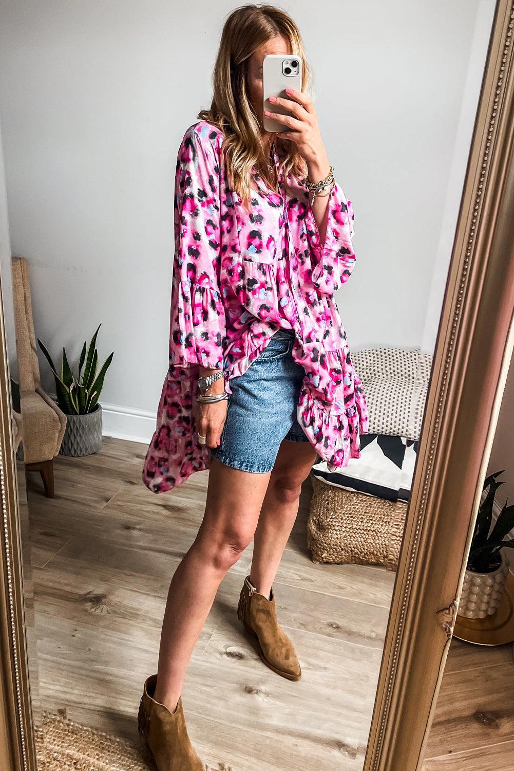 Black Leopard Button V Neck Flowy Mini Dress - The Fair Lady Shop