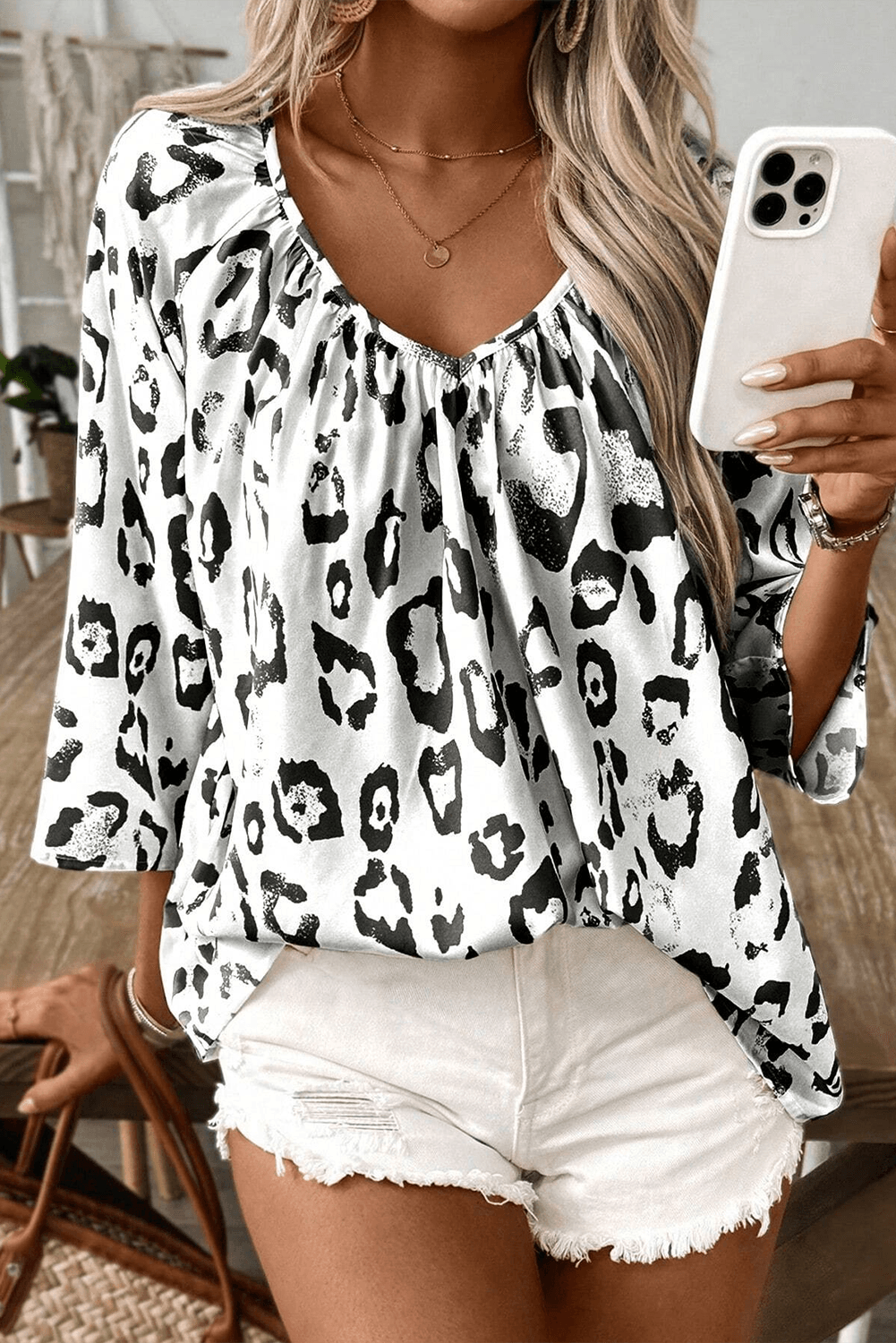 Black Leopard Print V Neck 3/4 Sleeve Blouse - The Fair Lady Shop