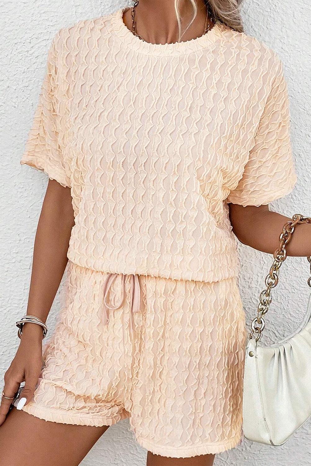 Beige Frill Textured Tee and Drawstring Shorts Set - The Fair Lady Shop