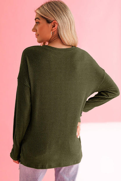 Rose Drop Shoulder Ribbed Knit Long Sleeve Henley Top - The Fair Lady Shop