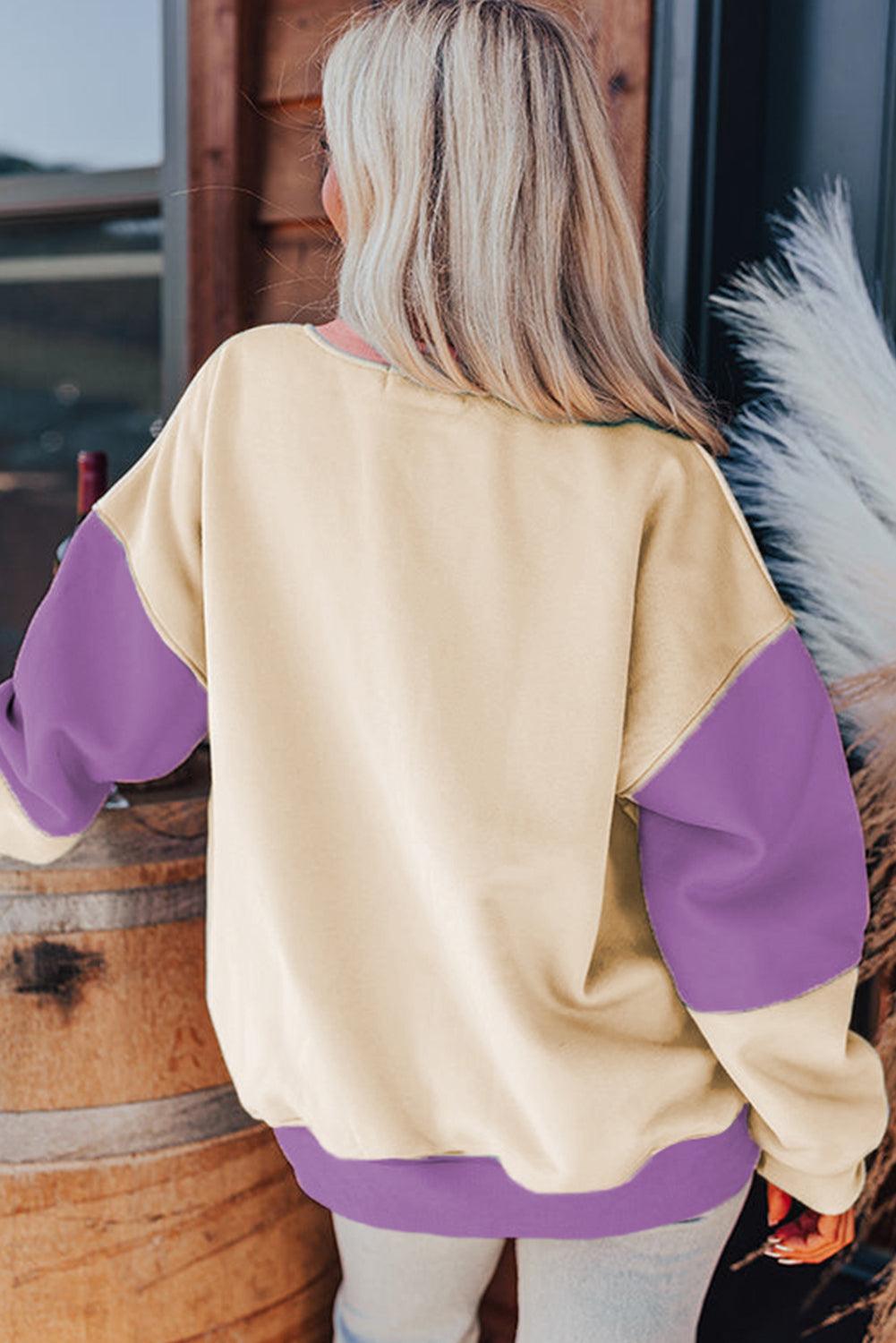 Meadow Mauve Colorblock Patchwork Drop Shoulder Sweatshirt - The Fair Lady Shop