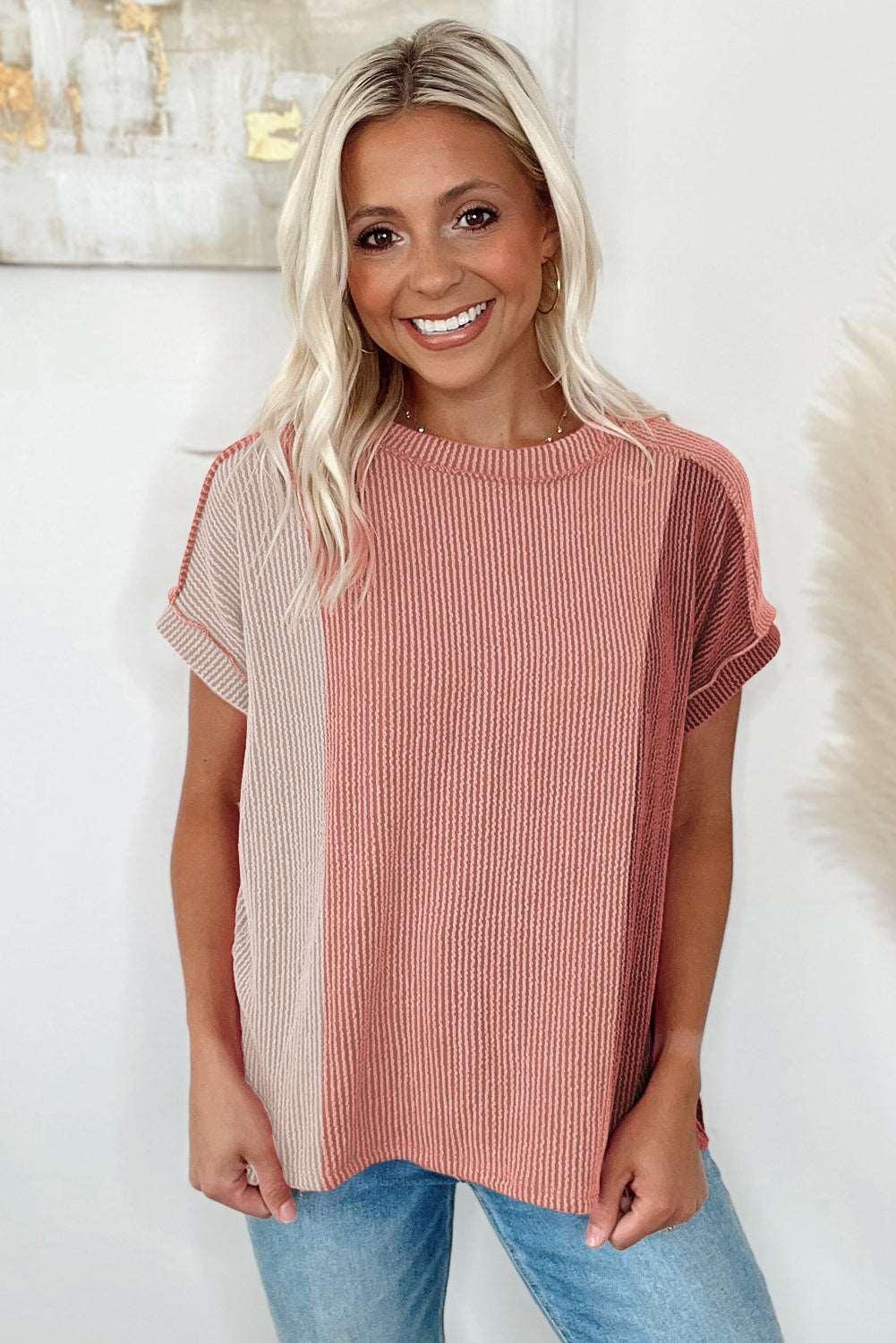 Apricot Pink Colorblock Ribbed Round Neck T Shirt - The Fair Lady Shop