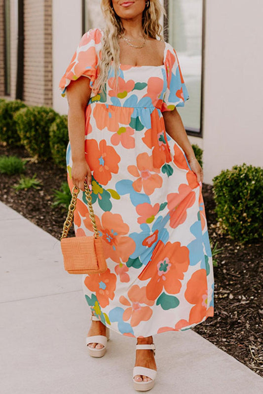 Orange Plus Size Floral Print Square Neck Maxi Dress - The Fair Lady Shop