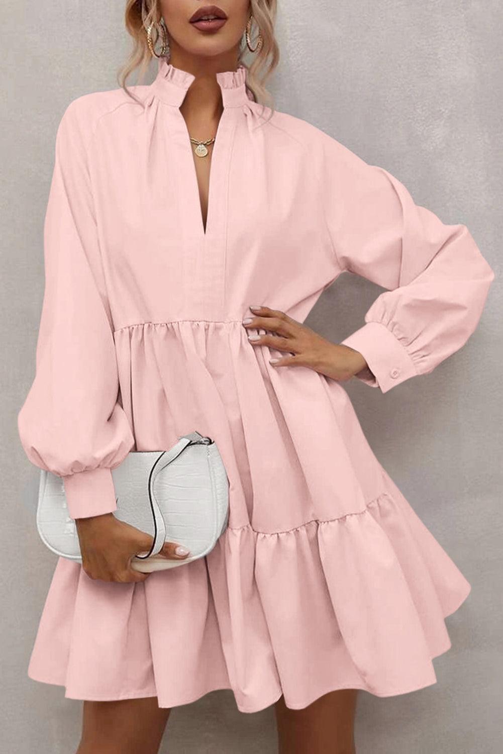 Pink Casual Stand V Neck Short Frill Dress - The Fair Lady Shop