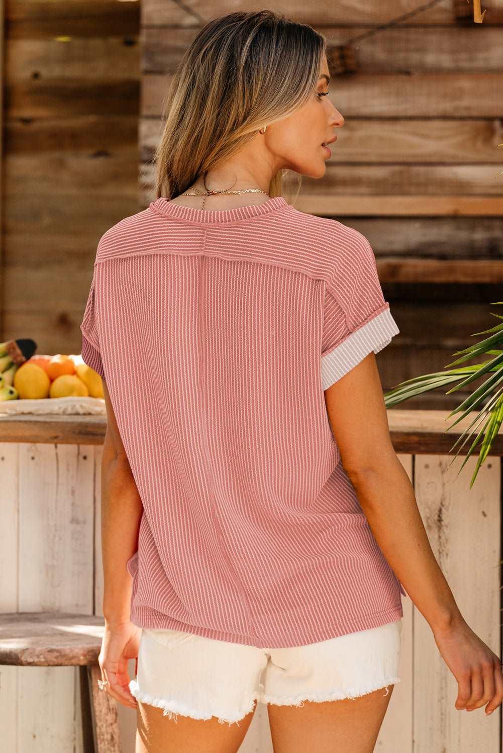 Apricot Pink Colorblock Ribbed Round Neck T Shirt - The Fair Lady Shop