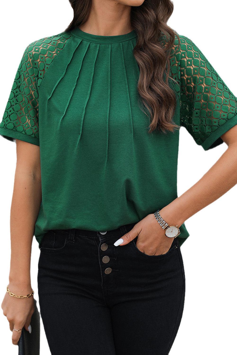 Pale Khaki Seamed Detail Contrast Lace Raglan Sleeve Tee - The Fair Lady Shop
