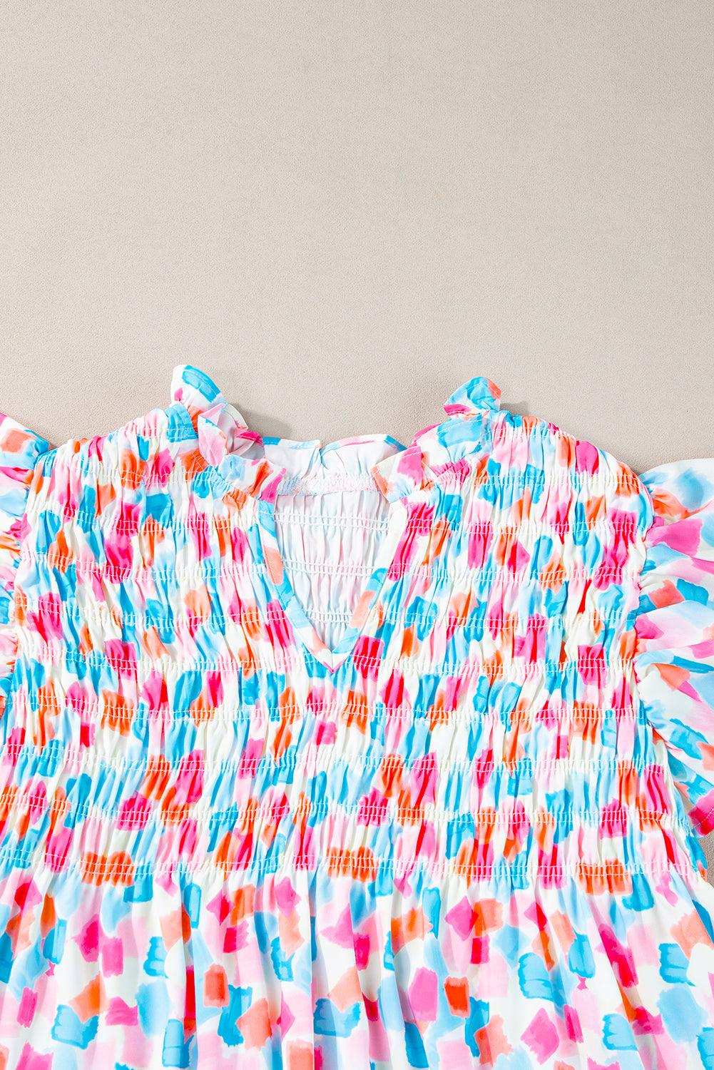 Pink Shirred Yoke Ruffle Abstract Blouse - The Fair Lady Shop