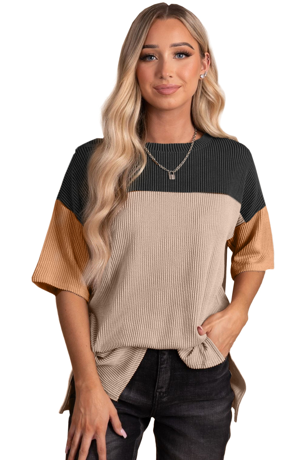 Black Color Block Ribbed Side Slits Half Sleeve Top - The Fair Lady Shop