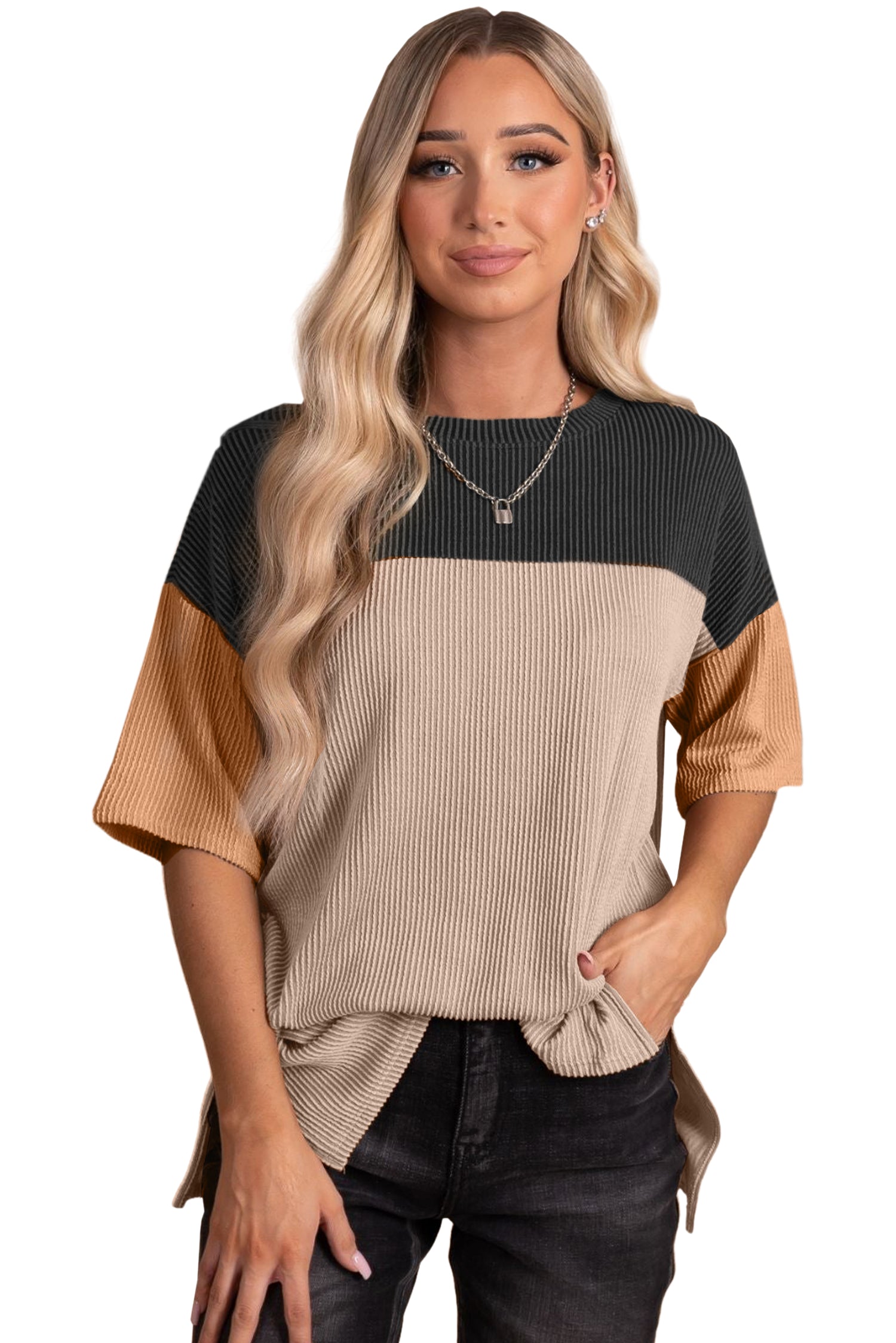 Black Color Block Ribbed Side Slits Half Sleeve Top - The Fair Lady Shop
