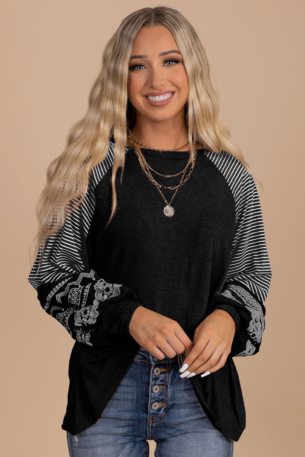 Black Contrast Print Striped Raglan Long Sleeve Loose Top