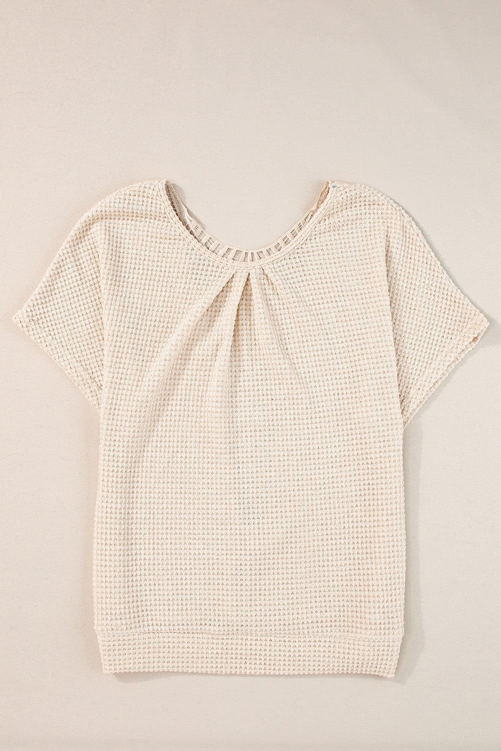 Oatmeal Guipure Lace Splicing Back Waffle Textured T-shirt - The Fair Lady Shop