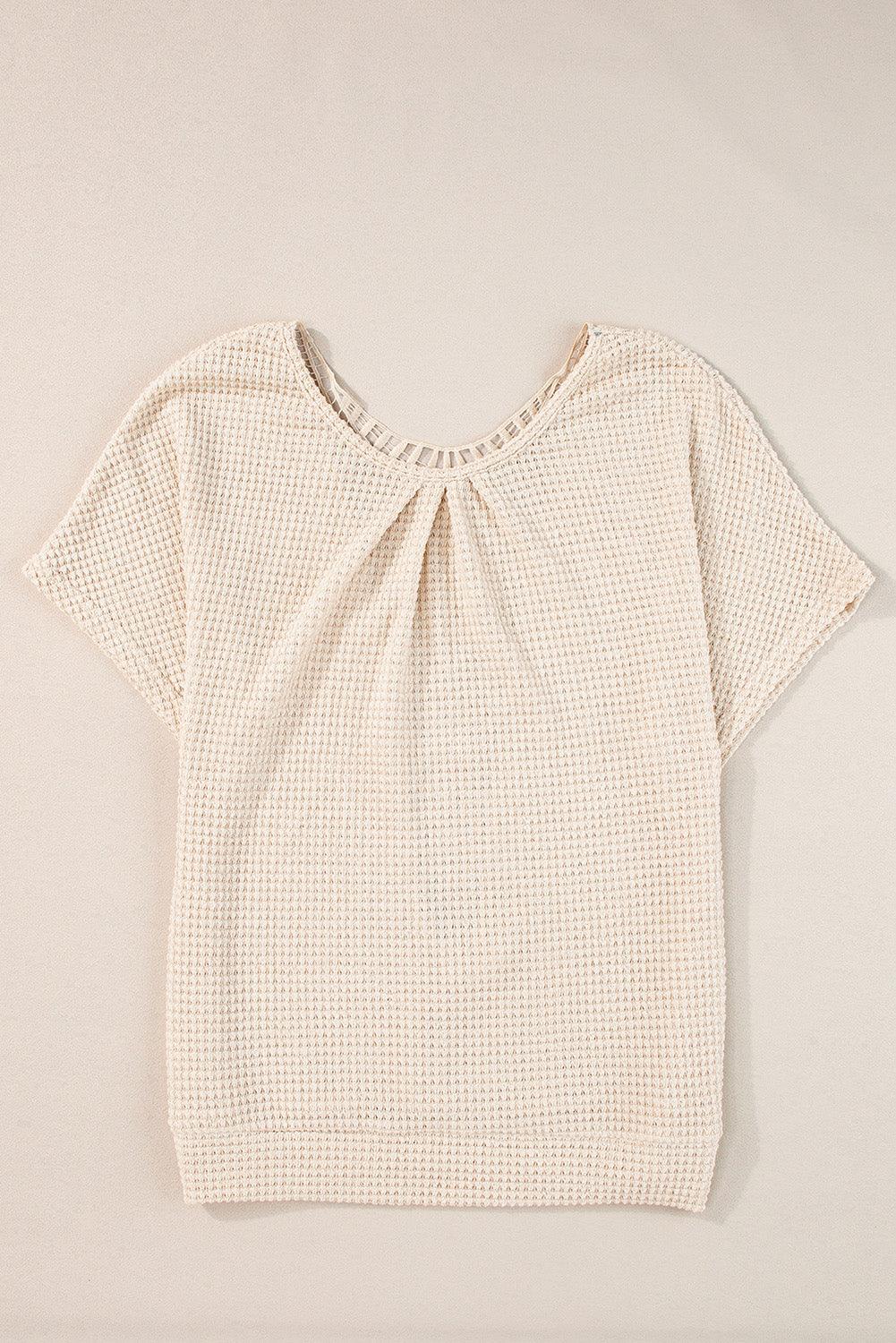 Oatmeal Guipure Lace Splicing Back Waffle Textured T-shirt - The Fair Lady Shop