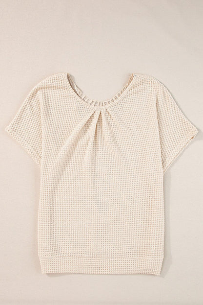 Oatmeal Guipure Lace Splicing Back Waffle Textured T-shirt - The Fair Lady Shop