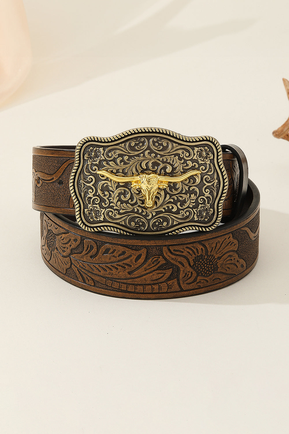Chestnut Retro Embossed Faux Leather Buckle Belt