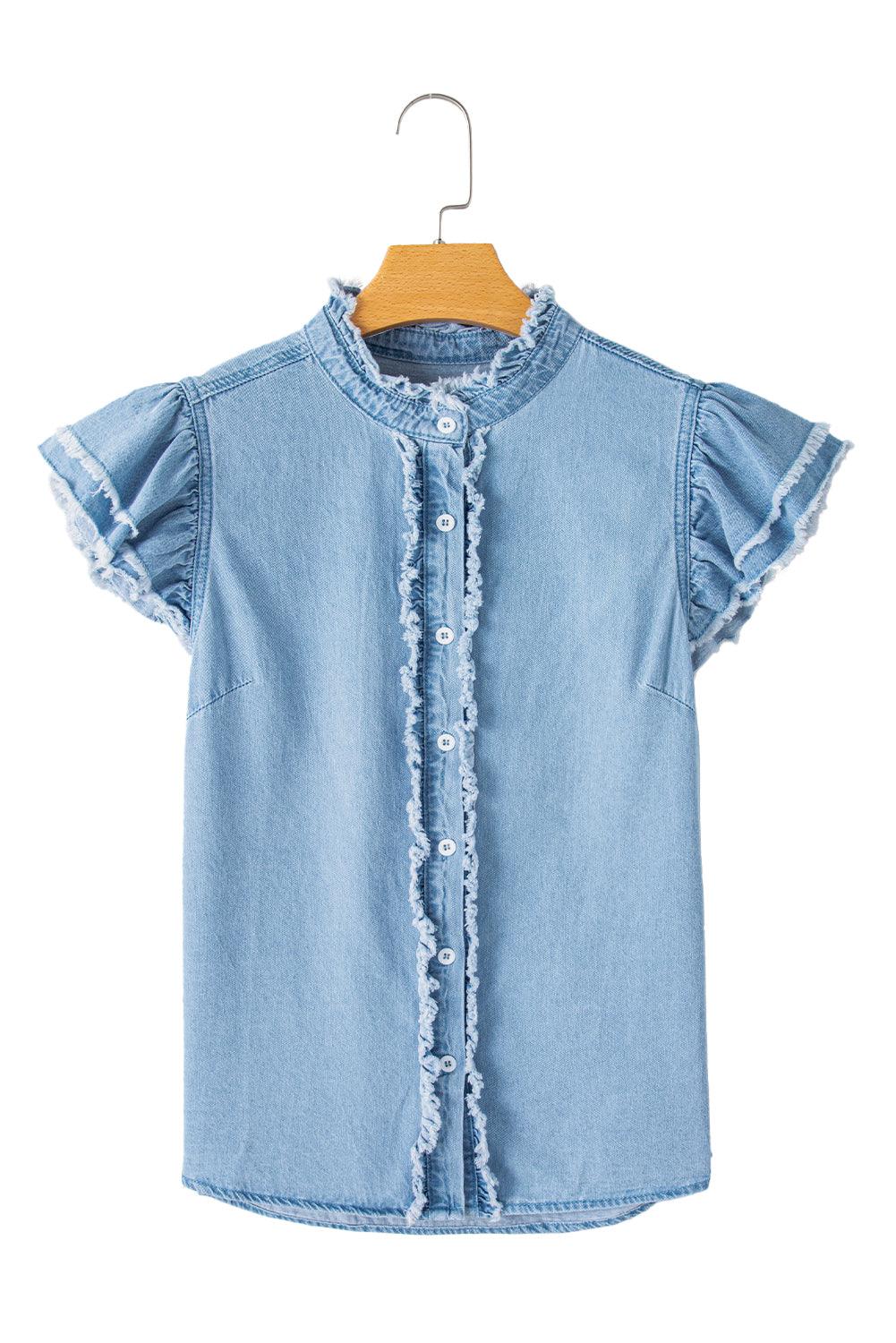 Ashleigh Blue Button Front Ruffled Flutter Frayed Denim Top - The Fair Lady Shop