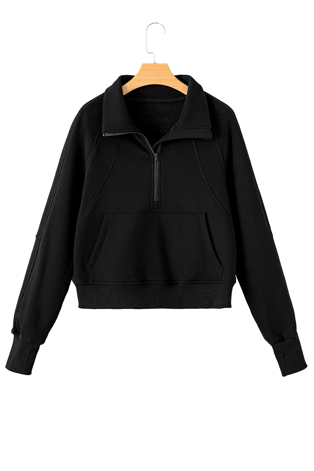 Black Zip Up Stand Collar Ribbed Thumbhole Sleeve Sweatshirt - The Fair Lady Shop