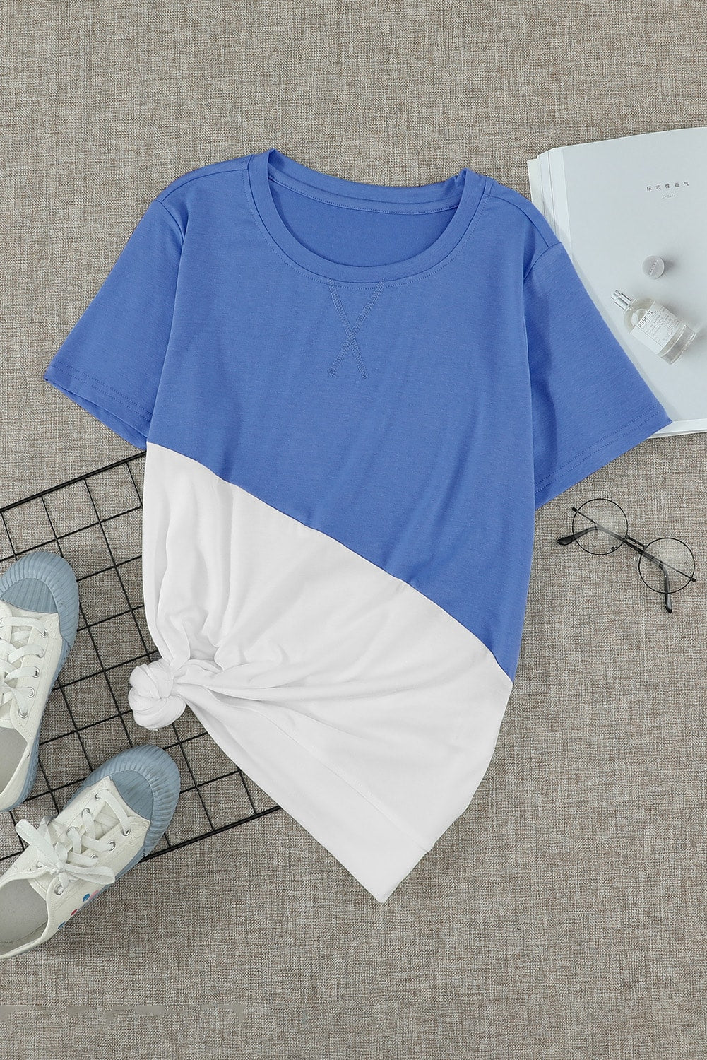 Sky Blue Crew Neck Colorblock Tee - The Fair Lady Shop
